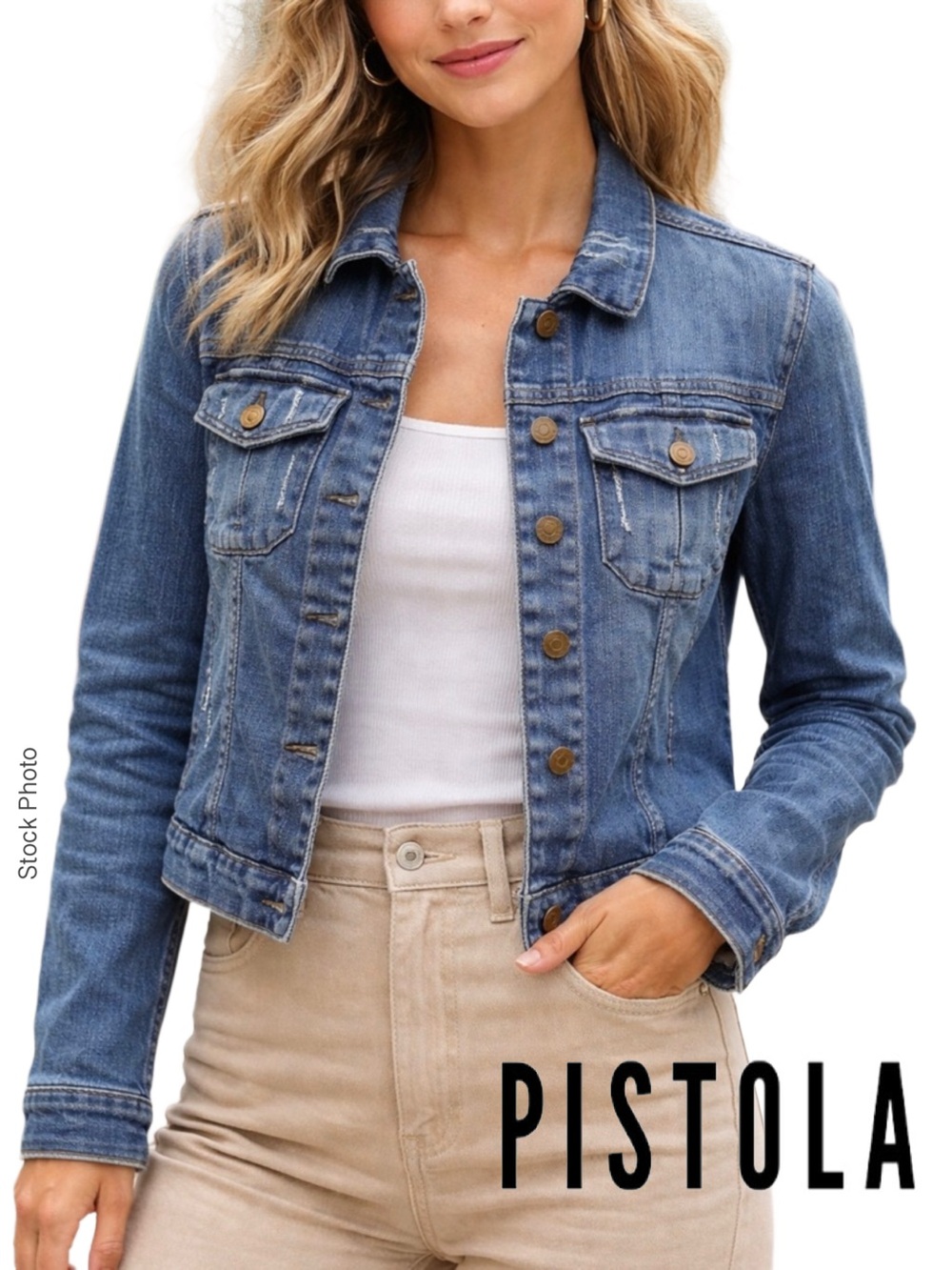 Pistola Blue Distressed Denim Button-Up Trucker Stretch Jean Jacket P5045N1 (M)